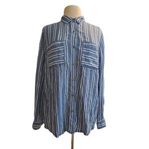 Pure Navy Button Up Shirt Striped Blue LS Lyocell Chambray Top